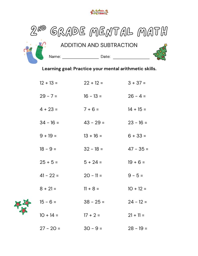 Printable second grade addition and subtraction worksheet with 36 problems for Christmas classroom morning work.