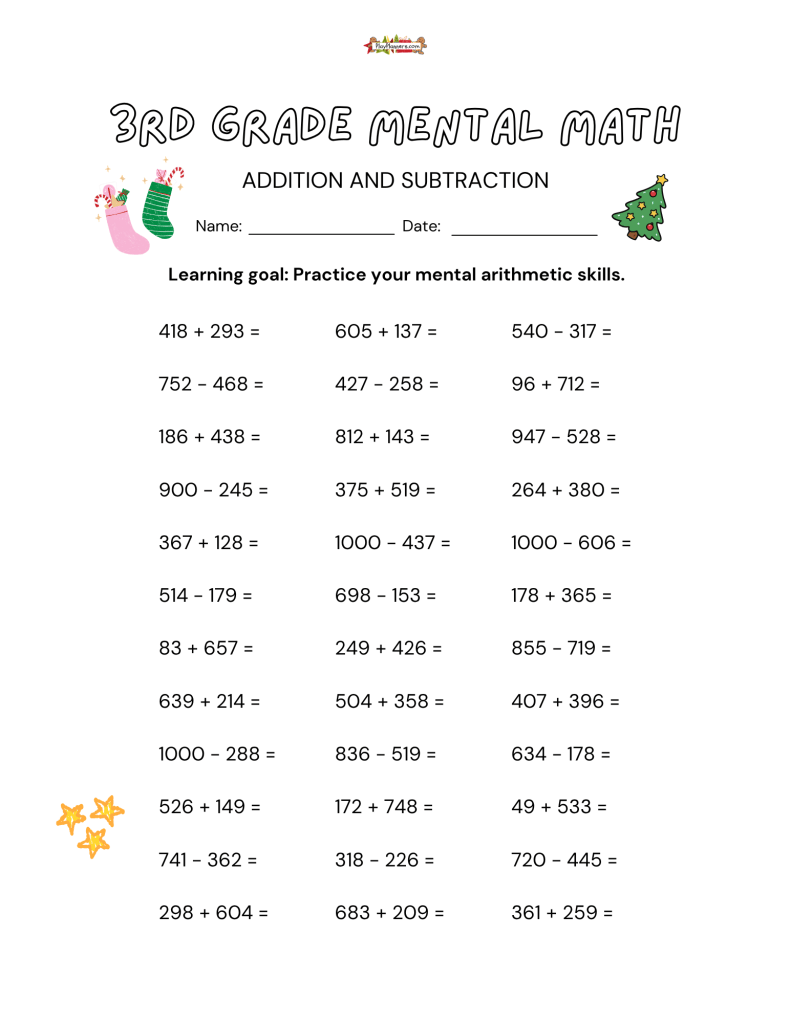 Christmas math worksheet for 3rd grade students practicing addition and subtraction within 1,000 with festive candy cane graphics.