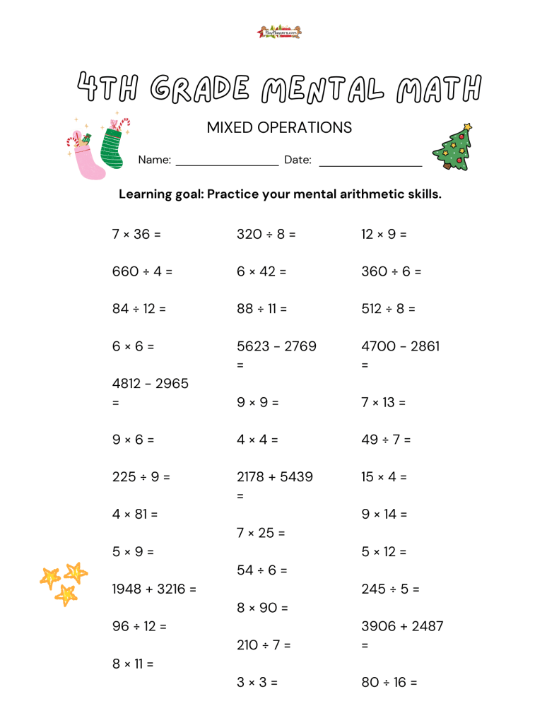 Free Christmas math practice for 4th grade students with multiplication, division, and multi-digit arithmetic problems.