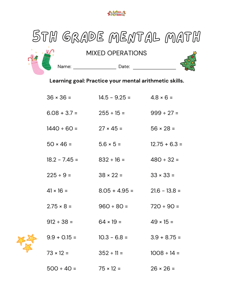Free Christmas math worksheet for fifth grade students with mixed operations and festive holiday graphics.