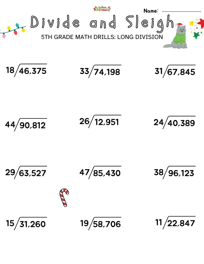 Printable Christmas long division worksheet for 5th grade students with 12 long division problems on one page.