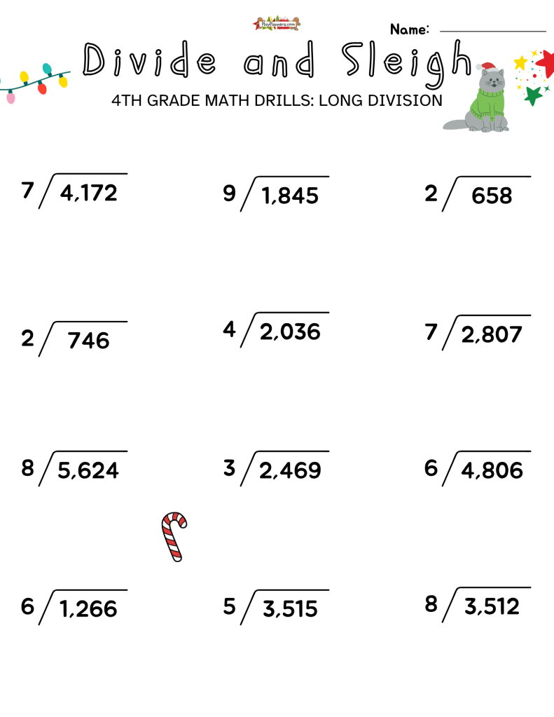 Divide and Sleigh 4th Grade free printable long division worksheets with Christmas graphics and one-digit divisors.