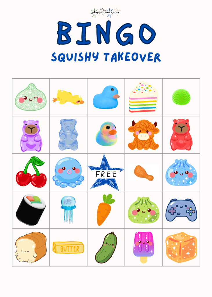 Printable Squishy Takeover Bingo card for a boys' squishy birthday party, featuring a grid of colorful squishy toy illustrations for a fun party game.
