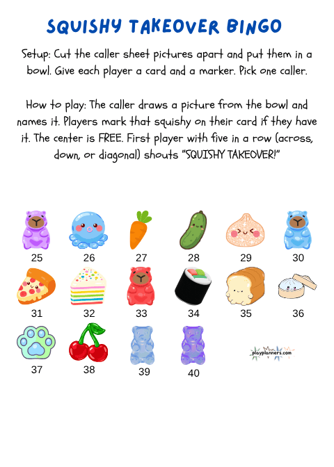 Squishy Takeover Bingo printable calling sheet featuring squishy toy images for the host to call out during the birthday party bingo game.