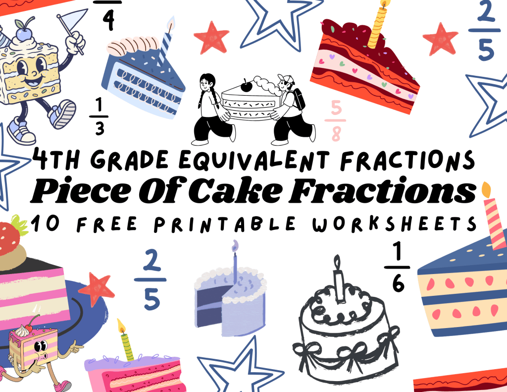 Free 4th grade equivalent fraction worksheets cover featuring shaded fraction shapes for practicing equivalent fractions.