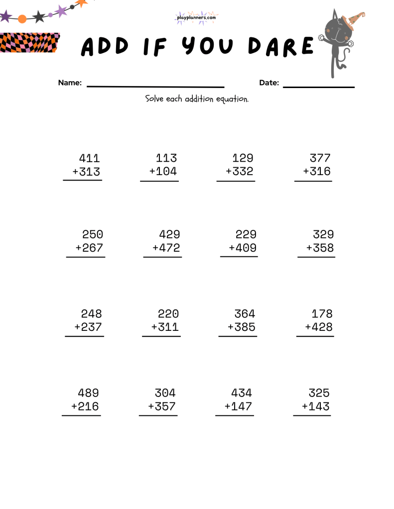 Third grade addition practice worksheet with stacked math problems and printer-friendly Halloween illustrations.