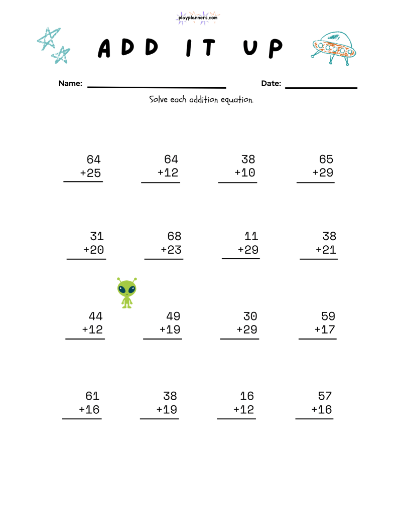 Free grade 2 math worksheet with two-digit addition problems and cute rocket and astronaut decorations.