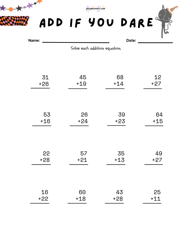 Free Halloween math printable with stacked addition problems for second grade students.
