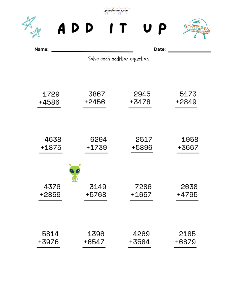 Free fourth grade vertical addition worksheet with four-digit addition equations and space-themed illustrations.