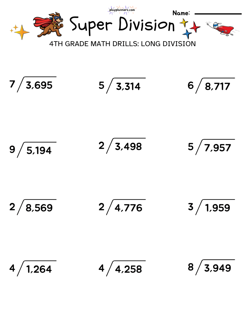 Super Division math printable for 4th graders featuring 12 long division equations to build division skills and accuracy.