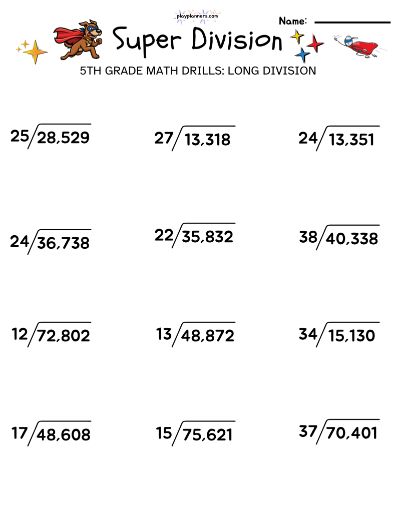 Free fifth grade long division worksheet with 12 division problems for classroom practice, homework, or homeschool math.