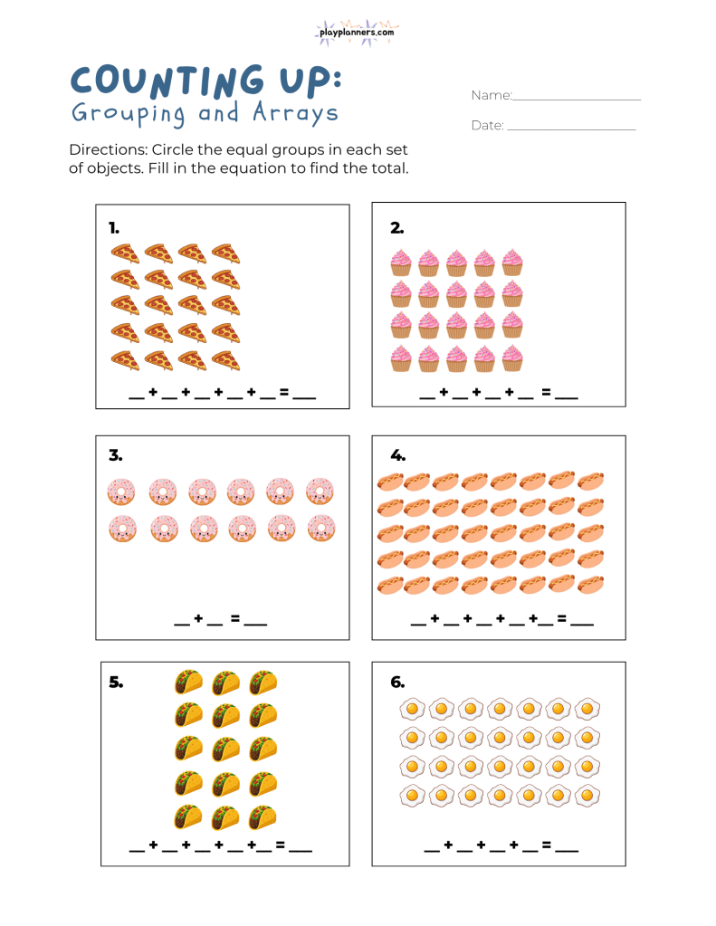 Free food-themed arrays worksheet for 3rd grade students to practice equal groups, repeated addition, and early multiplication skills.