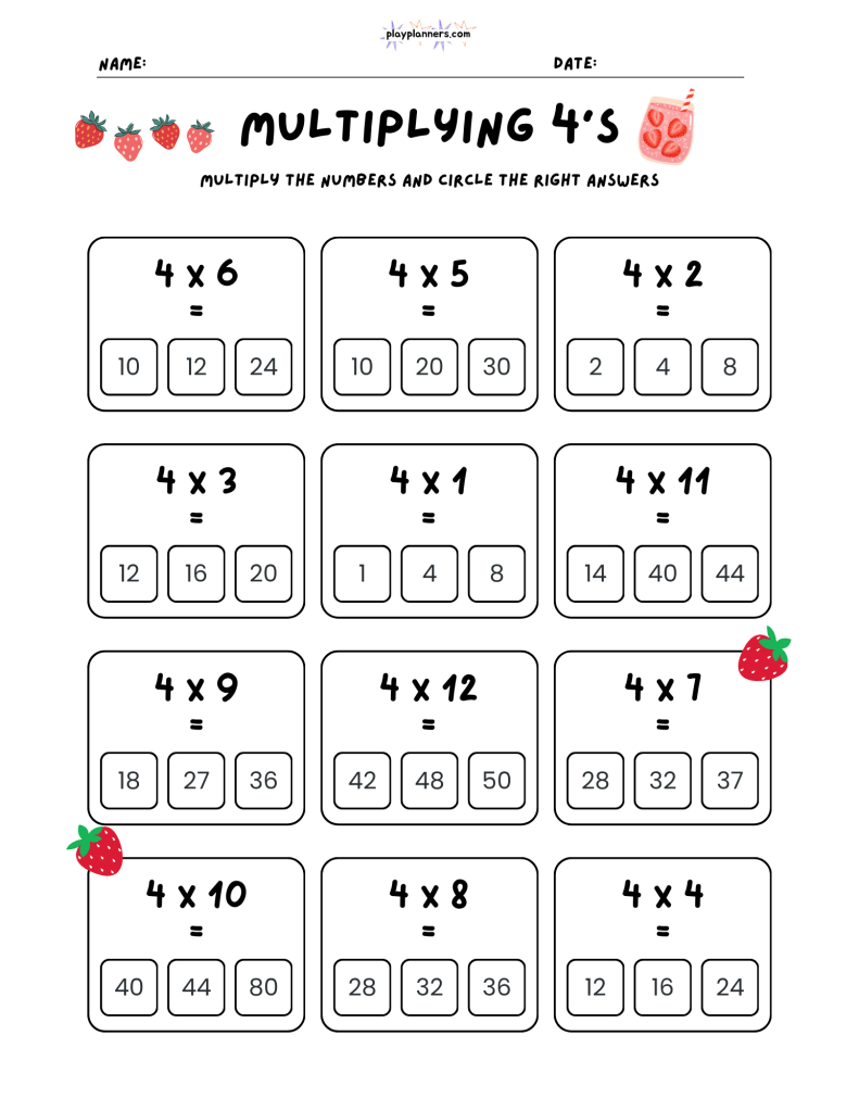 Printable 4 times table worksheet with 12 multiple-choice multiplication facts for students to solve and circle.
