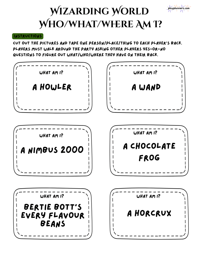 Harry Potter birthday party printable games bundle featuring the Who What Where guessing game for kids and Hogwarts themed celebrations.