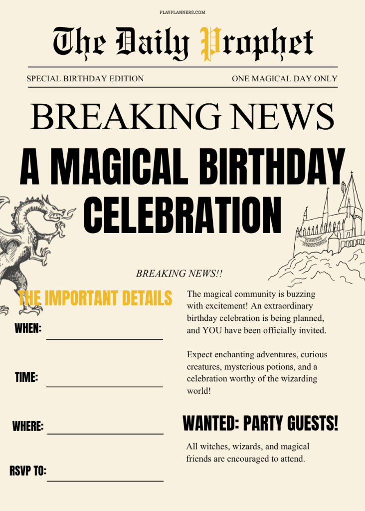 Hogwarts inspired birthday party invitation printable with Harry Potter themed details for a fun wizard birthday celebration.