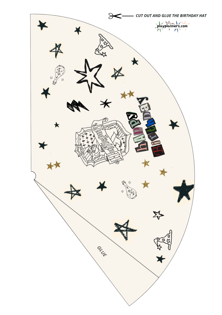 Harry Potter inspired printable birthday hat for a magical Hogwarts birthday party favor for children.