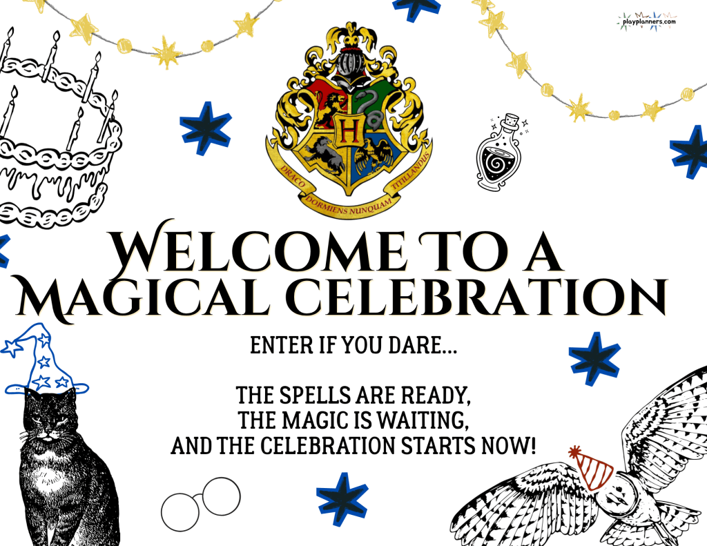 Printer friendly Harry Potter themed birthday party welcome sign with a white background for a magical wizard celebration.