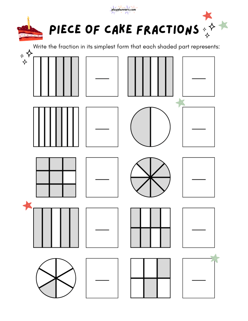 Free fraction identification worksheet for third graders featuring visual fraction problems and printer-friendly cake decorations.