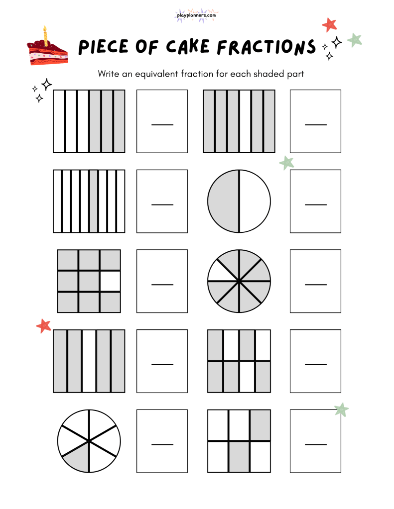 4th grade fraction practice page featuring shaded fraction shapes and answer boxes for equivalent fraction answers.