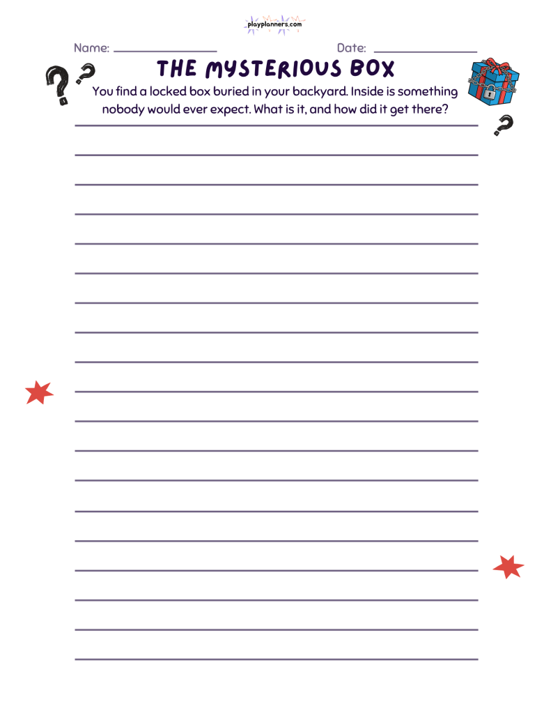 The Mysterious Box: Fourth grade creative writing worksheet with a mysterious box theme, a prompt about discovering a hidden treasure, and 18 lines for students to write their stories.