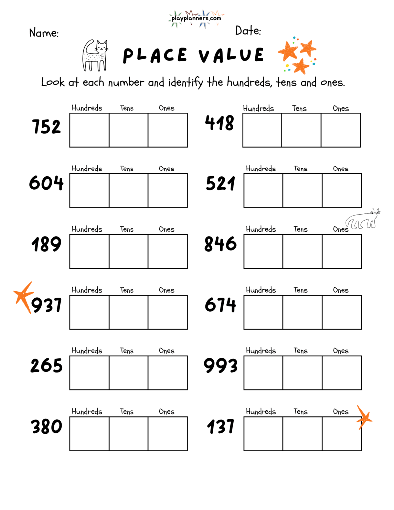 Free place value worksheet for third graders to practice identifying hundreds, tens, and ones in three-digit numbers.