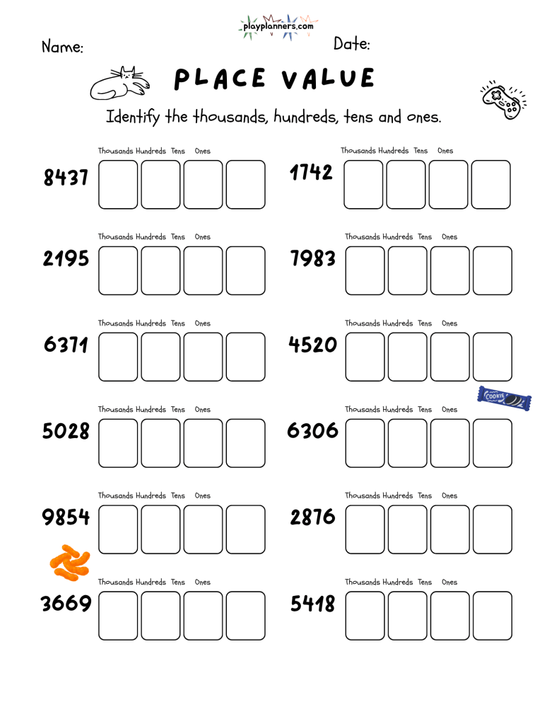 Printable place value worksheet with four-digit numbers, individual place-value boxes, and cute doodle illustrations for fourth grade.