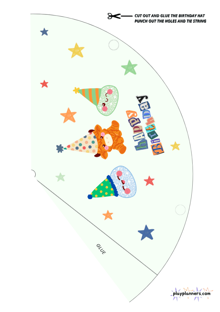 Printable squishy birthday party hat with a white background, featuring dumpling squishies wearing birthday hats and stars for an ink-saving option.