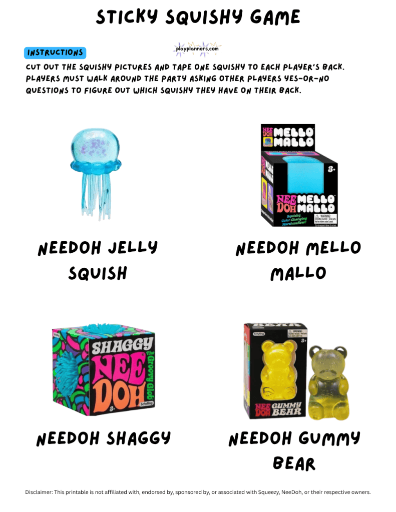 Printable Sticky Squishy on Your Back guessing game for boys' birthday parties, featuring colorful squishy toy illustrations with their names to cut out and tape onto players' backs for a fun game of yes-or-no questions and squishy-themed guessing.