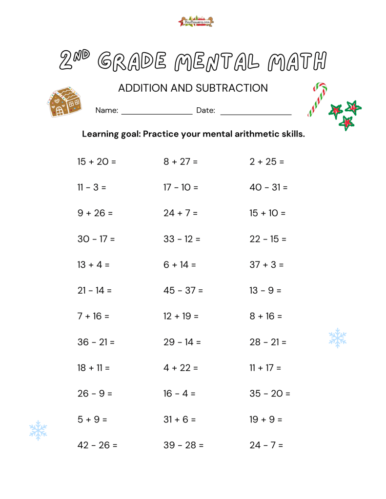 Christmas-themed mental math worksheet for second grade students practicing addition and subtraction facts.
