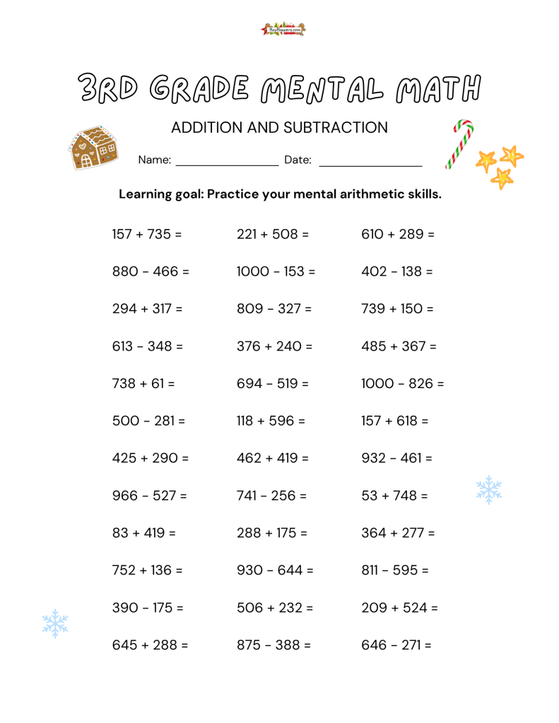 Free third grade mental math worksheet with three columns of three-digit addition and subtraction problems for Christmas practice.