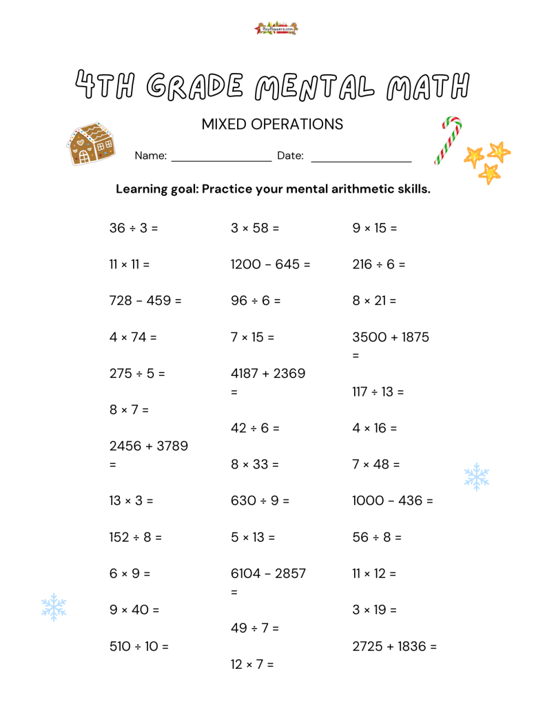 Fourth grade Christmas math worksheet featuring 36 mixed-operation problems with festive gift and holiday graphics.