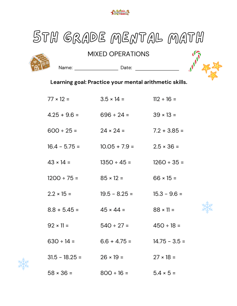 Printable 5th grade Christmas math practice with three columns of multiplication, division, decimal addition, and subtraction problems.