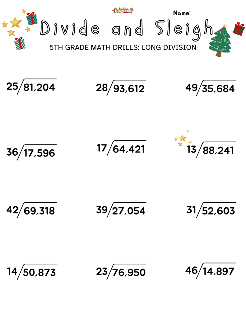 Free 5th grade division practice worksheet featuring five-digit dividends, two-digit divisors, and a Christmas sleigh theme.