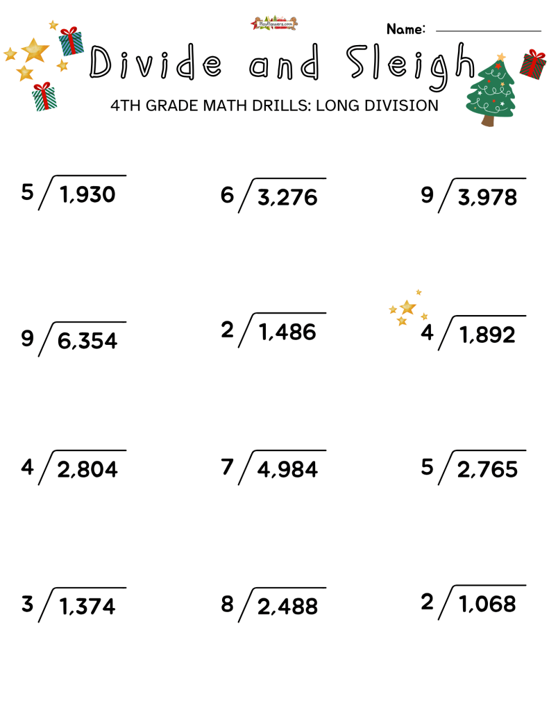 Divide and Sleigh 4th Grade free printable long division worksheets with Christmas graphics and one-digit divisors.