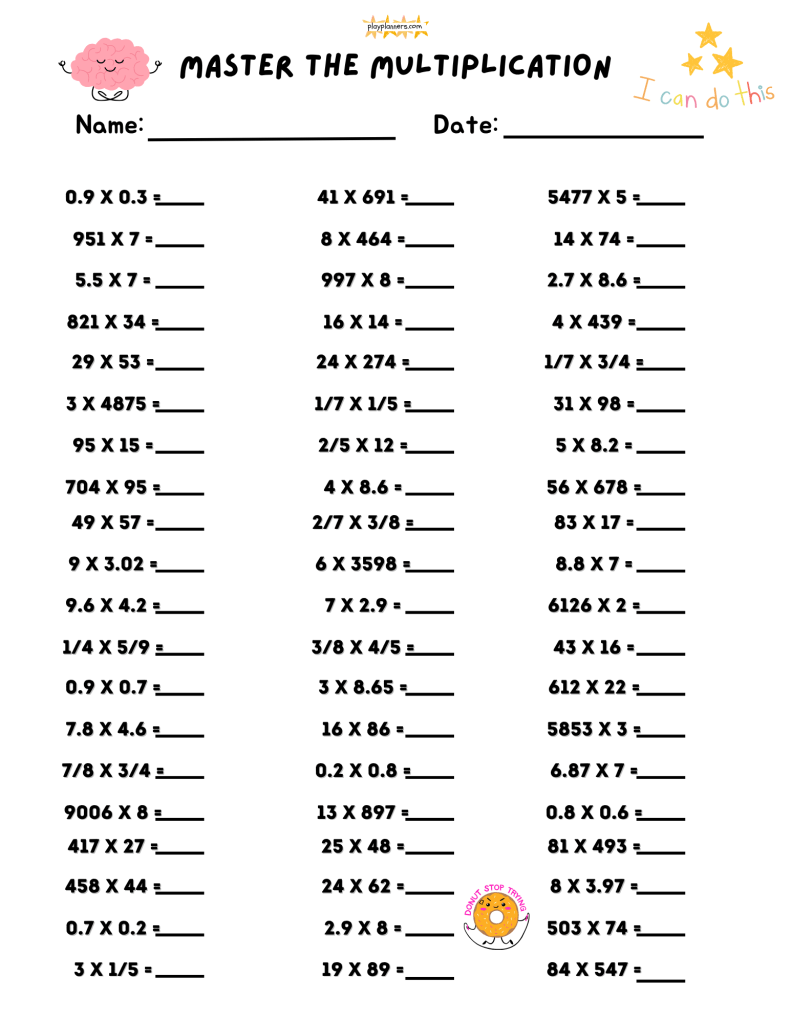 5th grade multiplication worksheet featuring fraction multiplication, decimal multiplication, and whole number problems