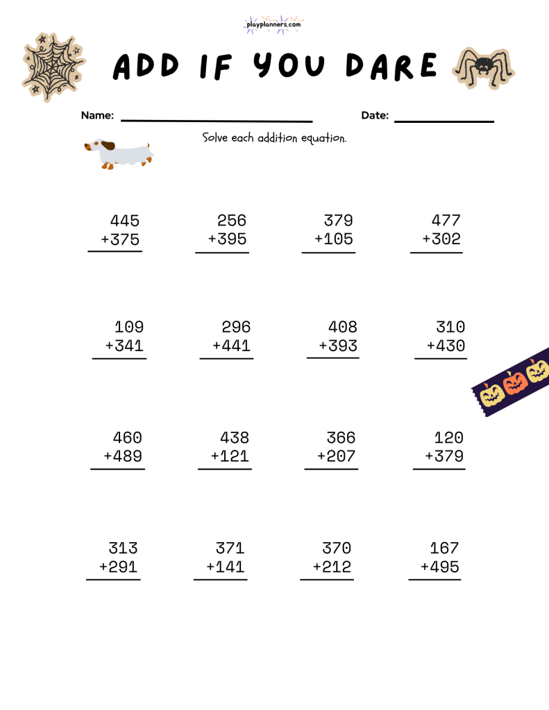 Add If You Dare printable addition worksheet featuring column addition problems and cute Halloween decorations.