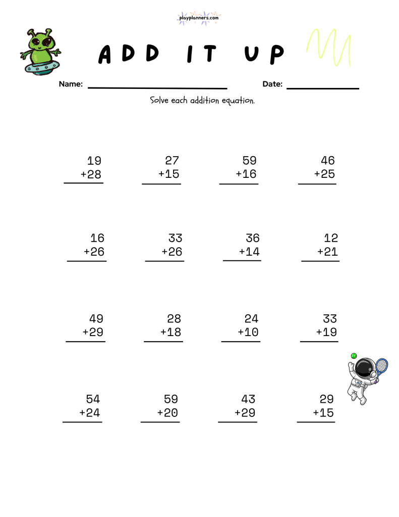 Second grade addition math printable featuring 16 stacked addition problems and small space graphics.