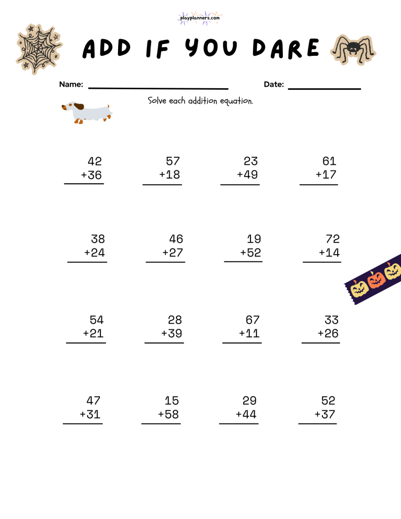 Halloween-themed vertical addition worksheet for grade 2 featuring a variety of addition equations.