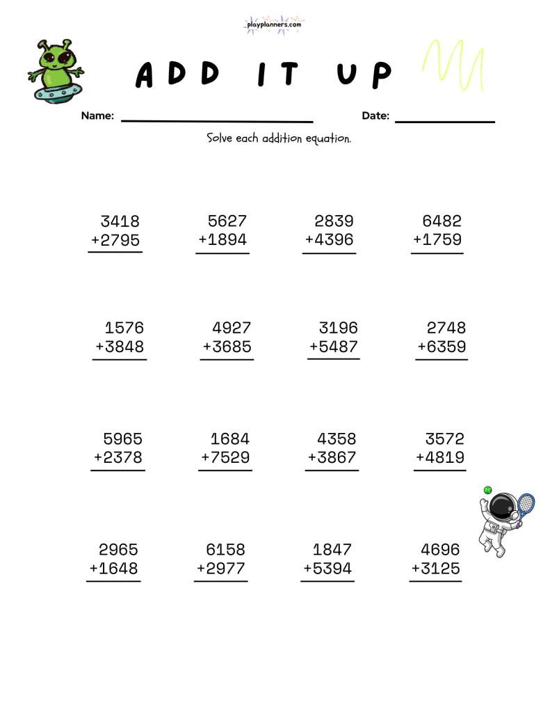 Space addition worksheet for fourth graders featuring multi-digit math problems and a small rocket graphic.