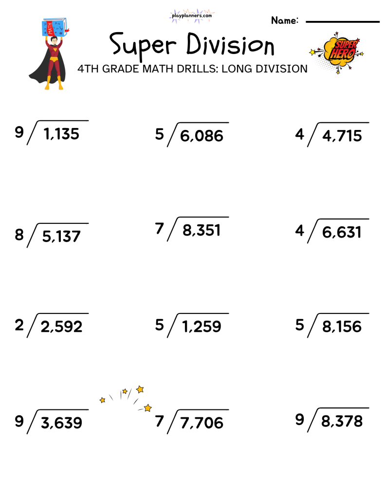 Fourth grade long division practice worksheet from the Super Division series with 12 four-digit division problems and one-digit divisors.