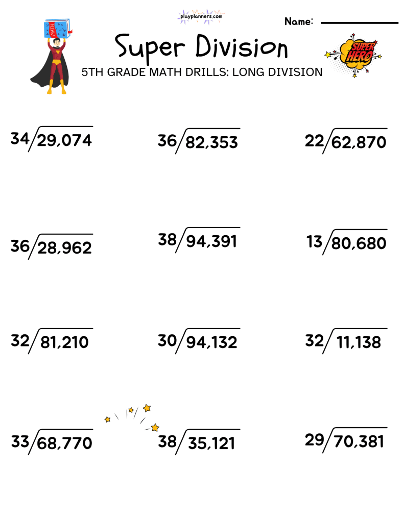 Super Division printable math worksheet for grade 5 with 12 problems practicing four-digit dividends and one-digit divisors.