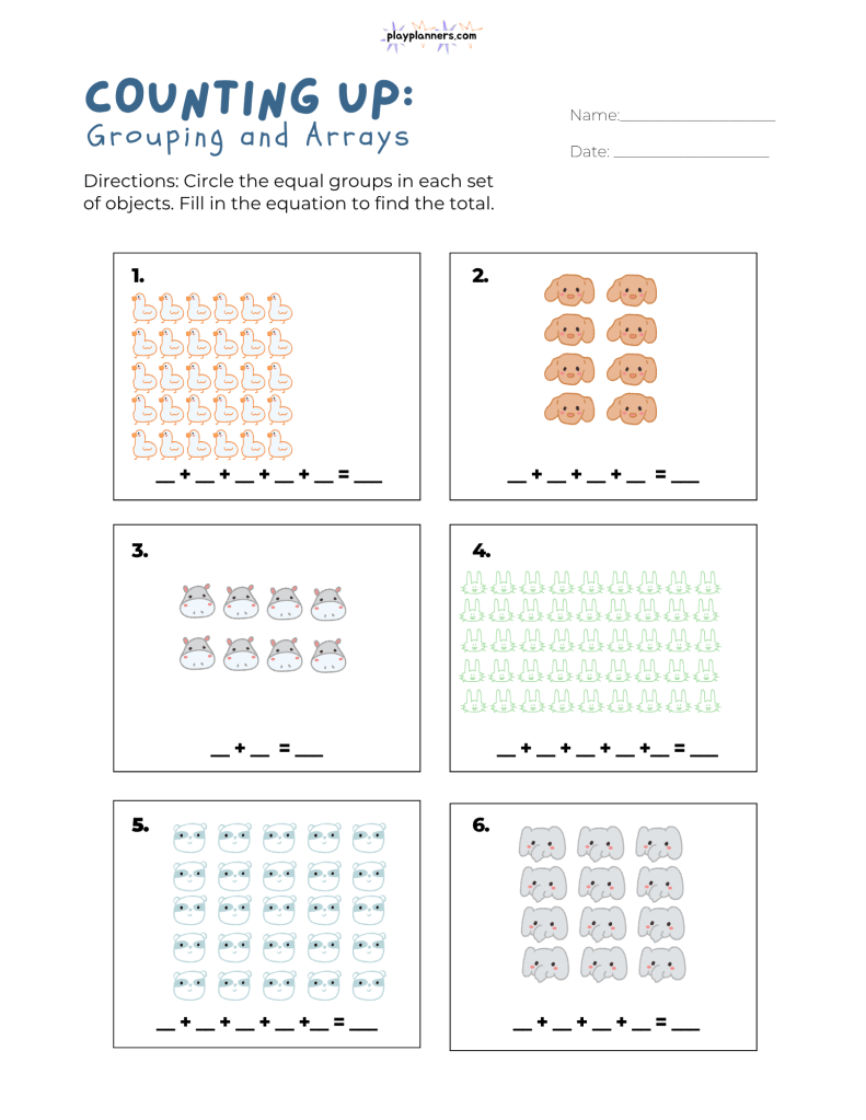 Animal-themed 3rd grade arrays worksheet with picture-based equal groups for students to circle, write repeated addition equations, and calculate the total.