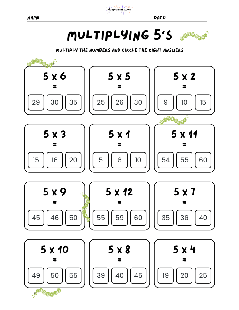 Free multiplying by 5 worksheet with 12 times table questions and three answer choices per problem.