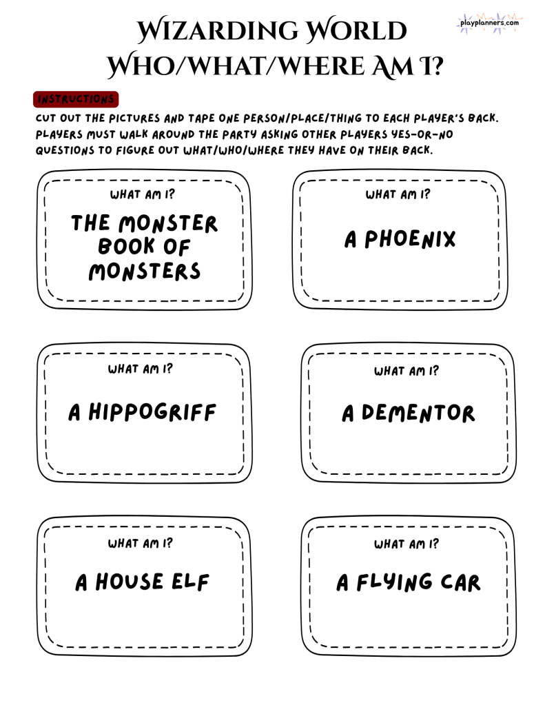 Printable Harry Potter birthday party guessing game for kids with cutout tags for a fun yes or no question activity.
