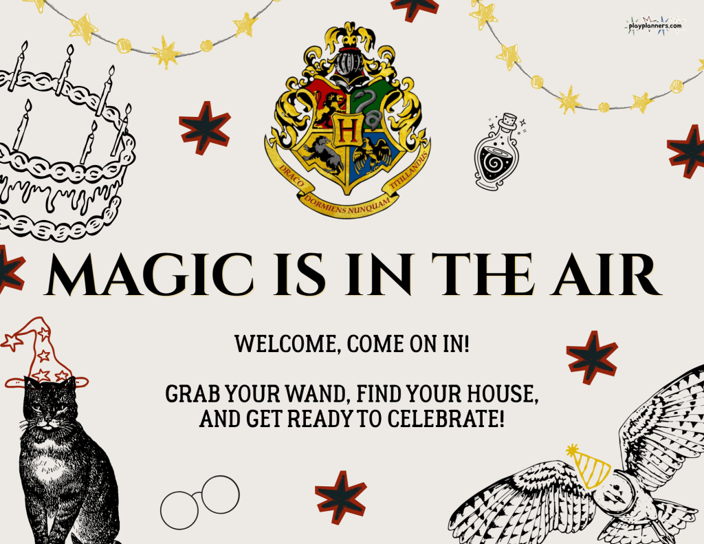 Hogwarts inspired birthday party welcome sign printable for a Harry Potter themed kids birthday party.
