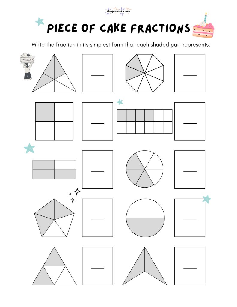 Piece of Cake Fractions printable worksheet for practicing how to identify shaded fractions and write the correct answers.