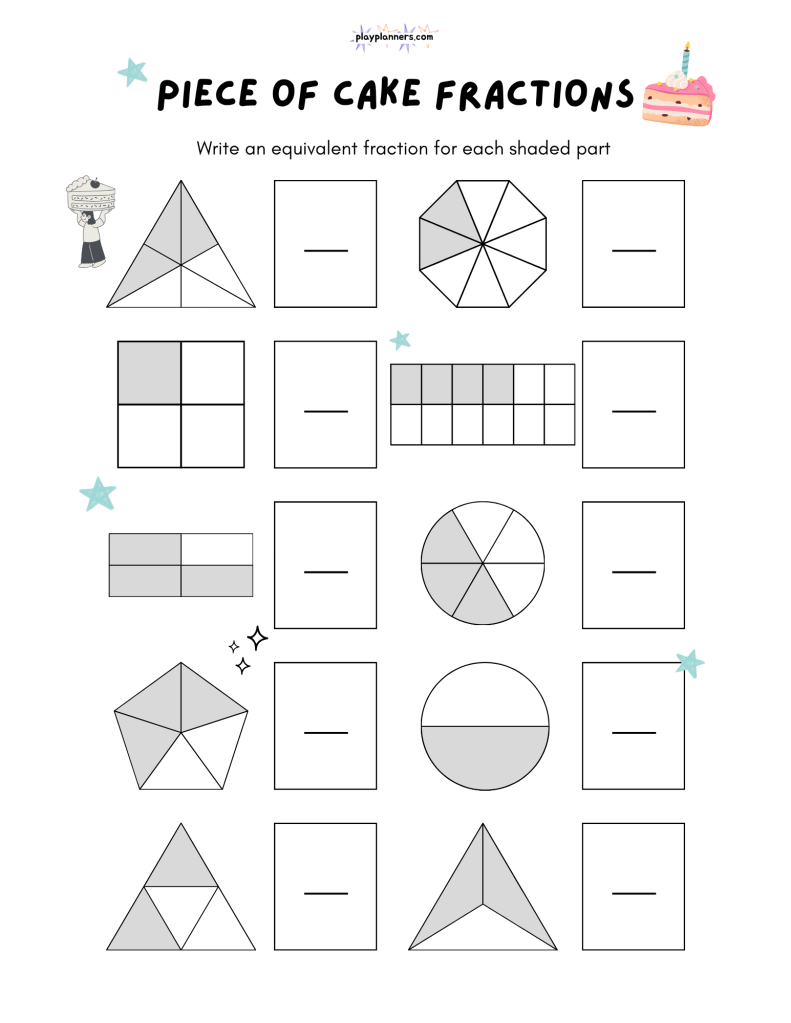 Printable equivalent fractions worksheet with shaded shapes for students to find fractions with the same value.