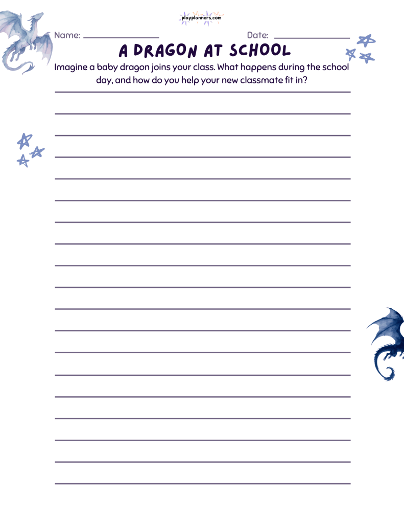 A Dragon at School: Fourth grade creative writing worksheet featuring a friendly dragon and a story prompt about a baby dragon joining a class, with 18 writing lines.