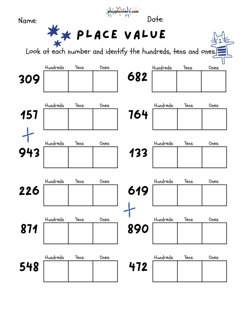 Printable 3rd grade math worksheet for learning the value of digits in three-digit numbers, decorated with tiny cats.