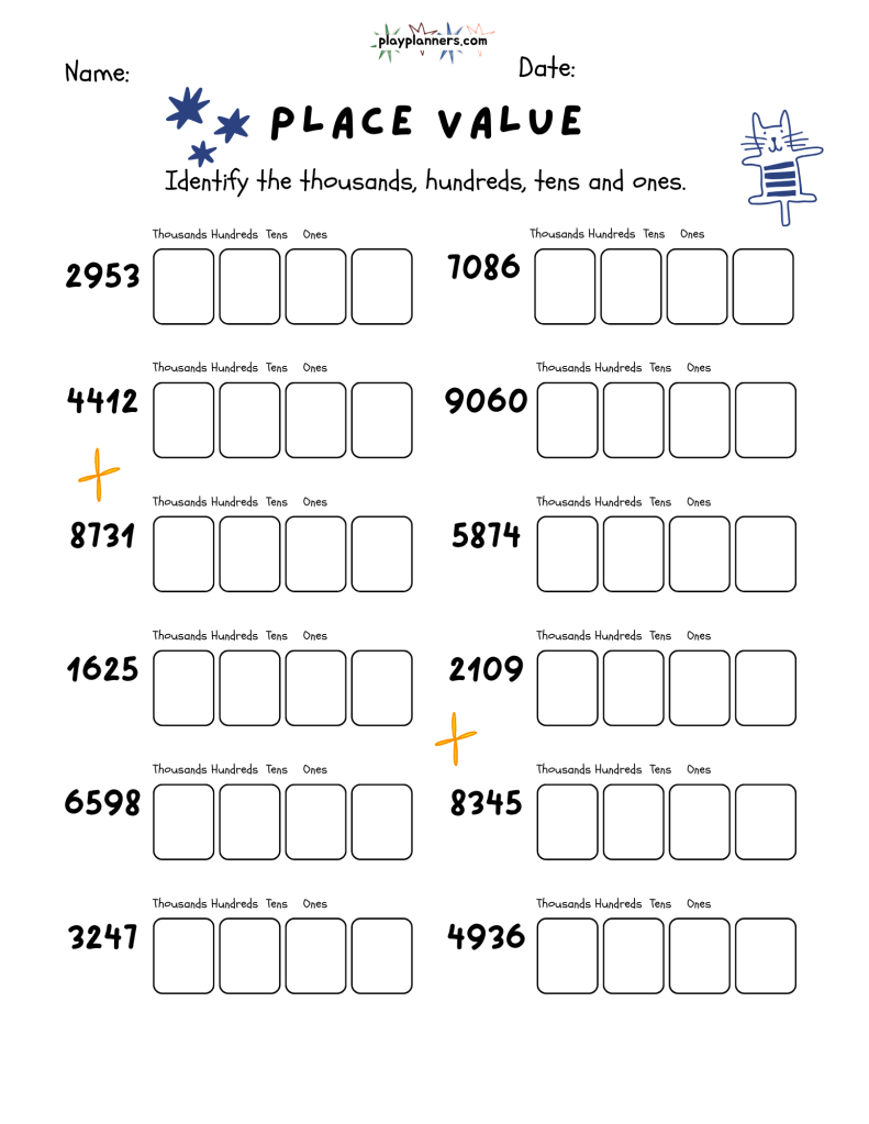 Fourth grade place value practice sheet with 12 numbers to break down into thousands, hundreds, tens, and ones.